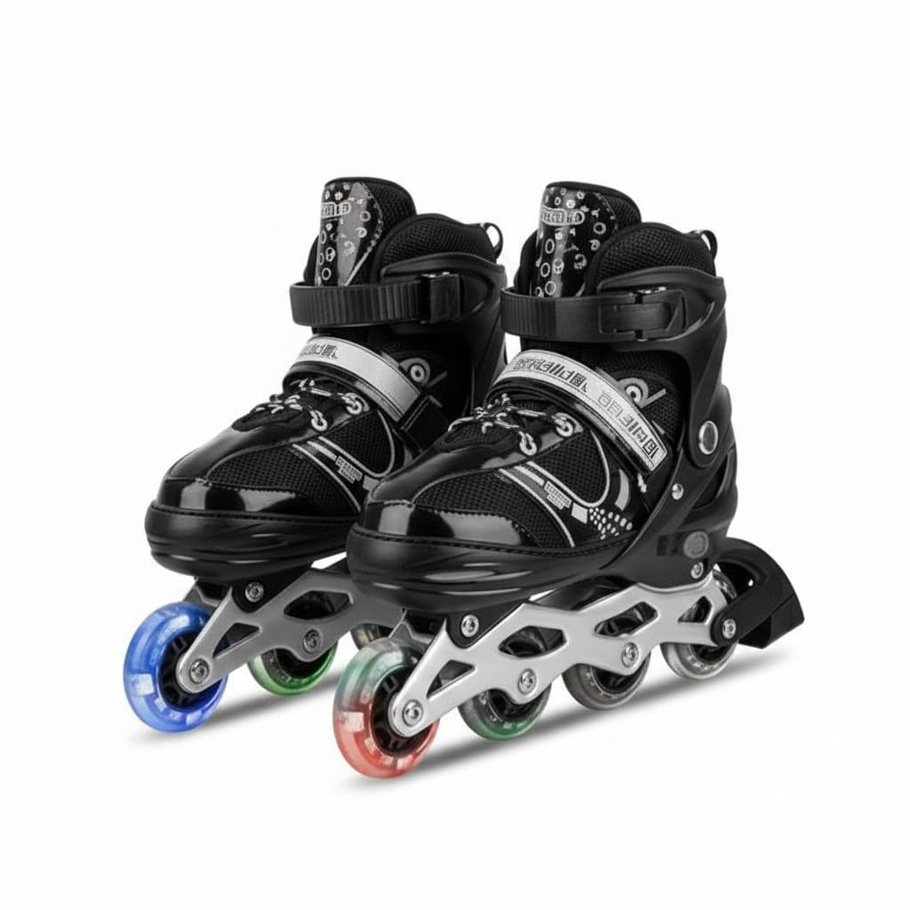 Avoren Adjustable Inline Skates for Kids Boys Girls Youth Beginners | 4 Wheel Flash Light Roller with Aluminum Frame Bearings Comfortable Breathable Outdoor Indoor Skating Shoes for Kids 6-18 – Black - Image 2