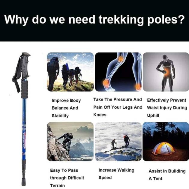 HVG TRADERS Trekking Poles, Collapsible Lightweight Shock-Absorbent Hiking Walking Sticks Adjustable Aluminum Hiking Poles for Women Men Kids (Blue)