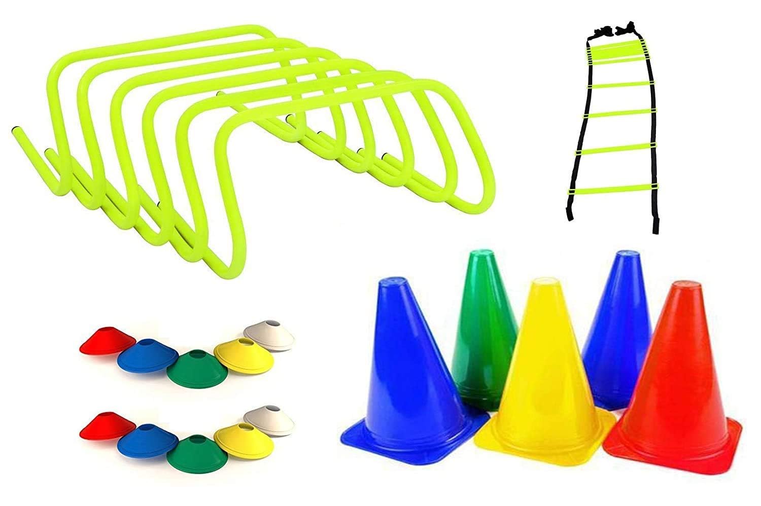 Combo of Agility Ladder 4 m with 10 Rungs; 6 Marker Cones (6-inch), Multicolour Saucer Cones Set of 20 and Agility Hurdles 6 inch 6 pcs - Image 2