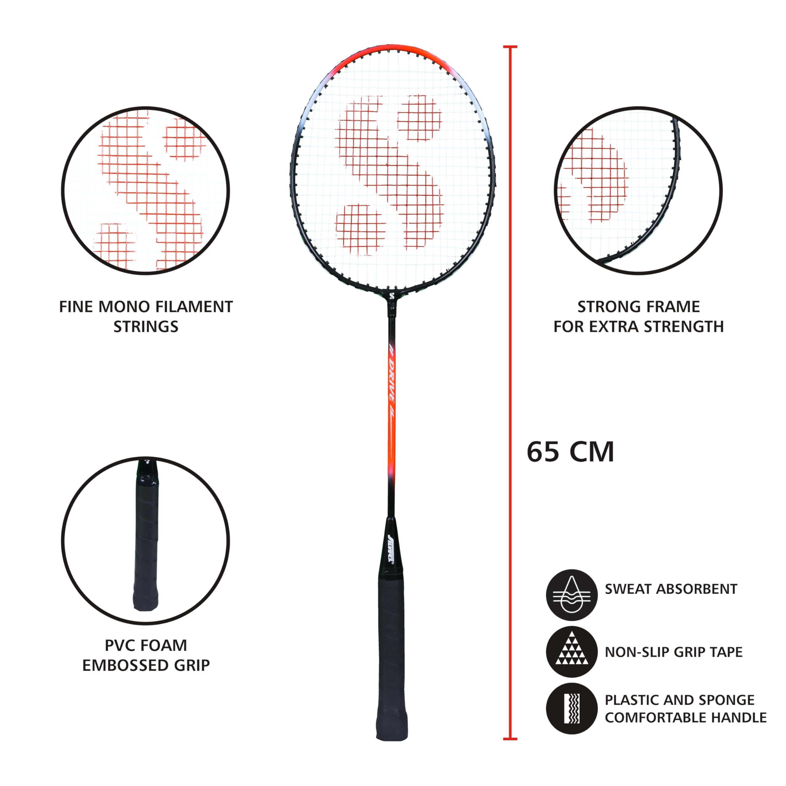 Drive Badminton Kit (2 Racquets with Full Cover, 1 Box Plastic Shuttlecock Pack of 3)(Red/Black) - Image 4