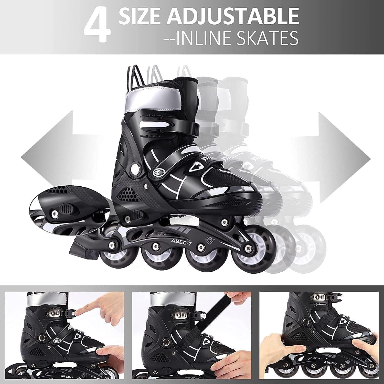 Avoren Adjustable Inline Skates for Kids Boys Girls Youth Beginners | 4 Wheel Flash Light Roller with Aluminum Frame Bearings Comfortable Breathable Outdoor Indoor Skating Shoes for Kids 6-18 – Black