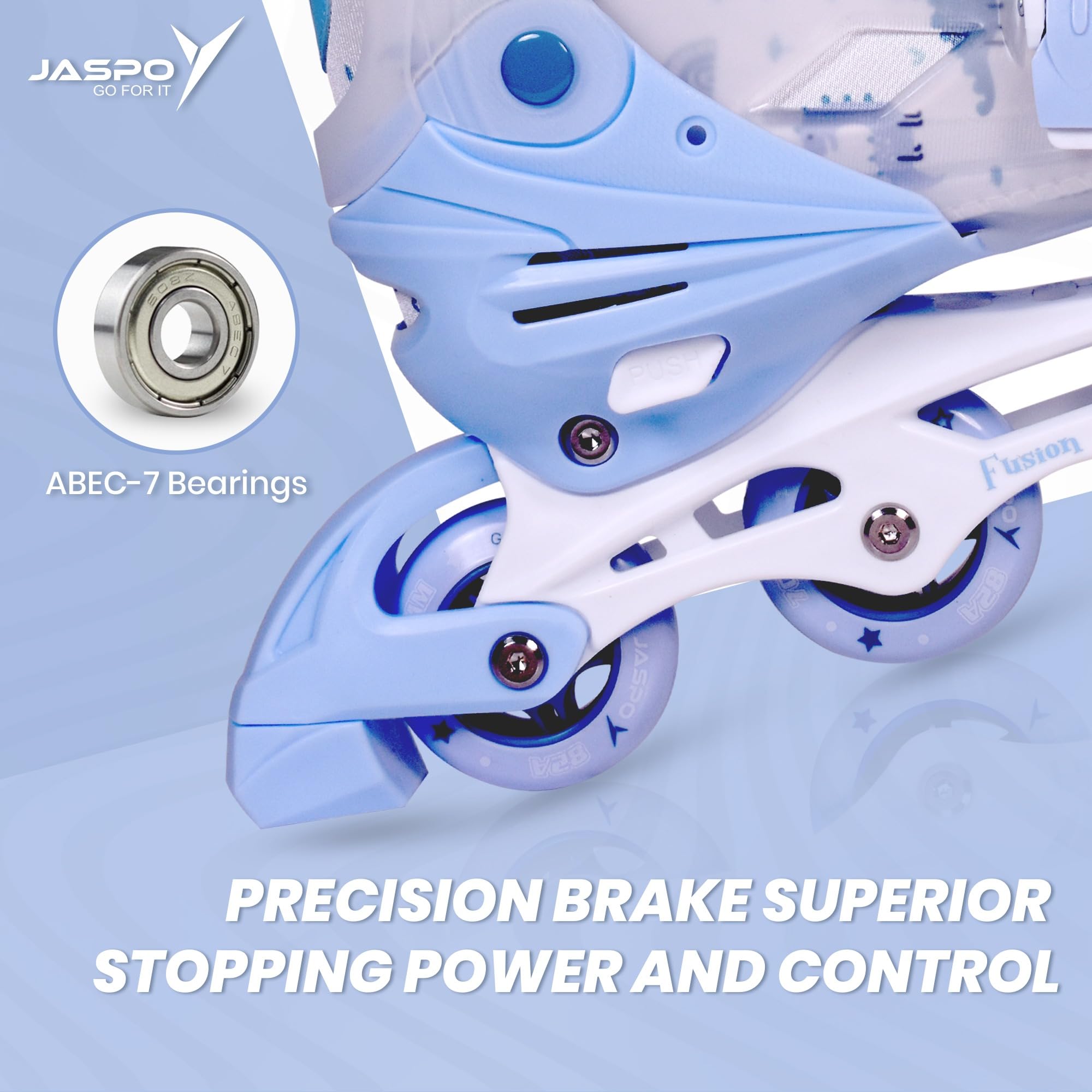 JASPO Fusion Stylish Adjustable Inline Skates for Kids & Youth – Lightweight Fibre-Body with 70mm PU Wheels, ABEC-7 Bearings & Ultra-Comfort Padding for All Age Groups (Blue, Large) (23.5-26 cms) - Image 6