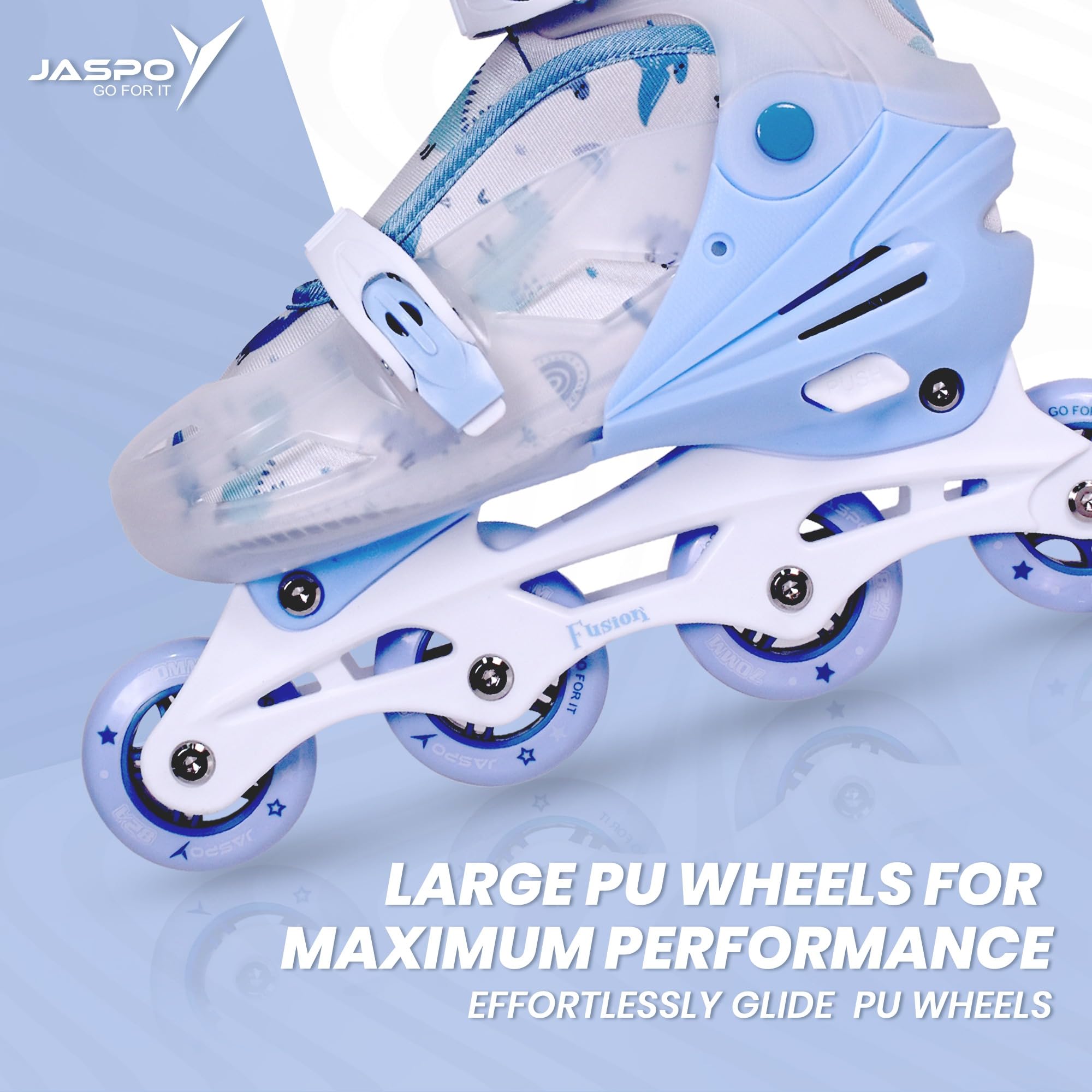 JASPO Fusion Stylish Adjustable Inline Skates for Kids & Youth – Lightweight Fibre-Body with 70mm PU Wheels, ABEC-7 Bearings & Ultra-Comfort Padding for All Age Groups (Blue, Large) (23.5-26 cms) - Image 4