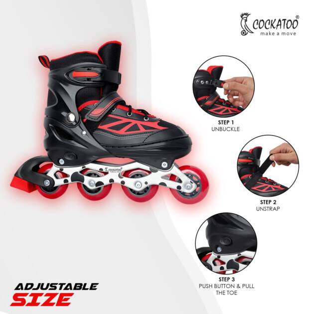 Cockatoo Urban Flow Adjustable 4-Wheel Inline Skates, Quad Roller Skates, 2-in-1 Design, Aluminum Chassis, 64 mm PU, S-Red