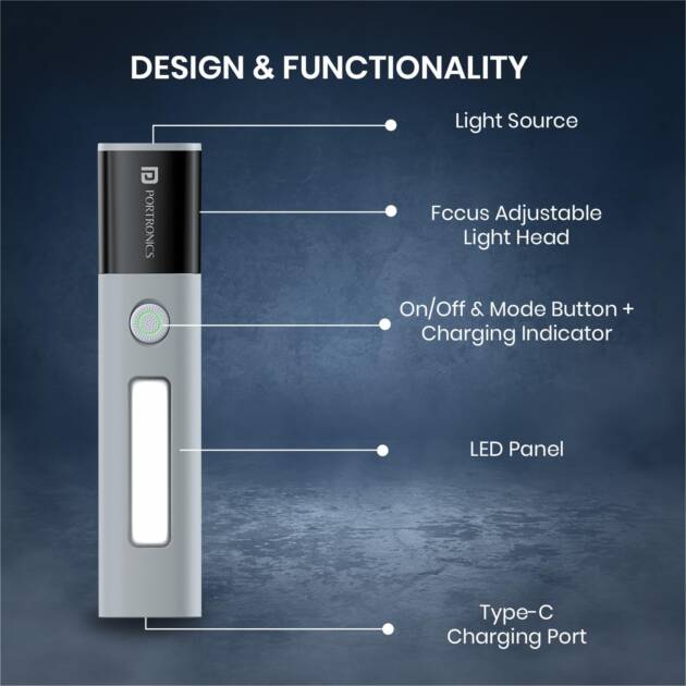 Portronics Eco Glow 2 Tactical Rechargeable Flashlight Torch for Car & Road Emergencies, Adjustable Focus with Telescopic Zoom, Dual Brightness & SOS Modes, 1200mAh Battery for Camping & Hiking