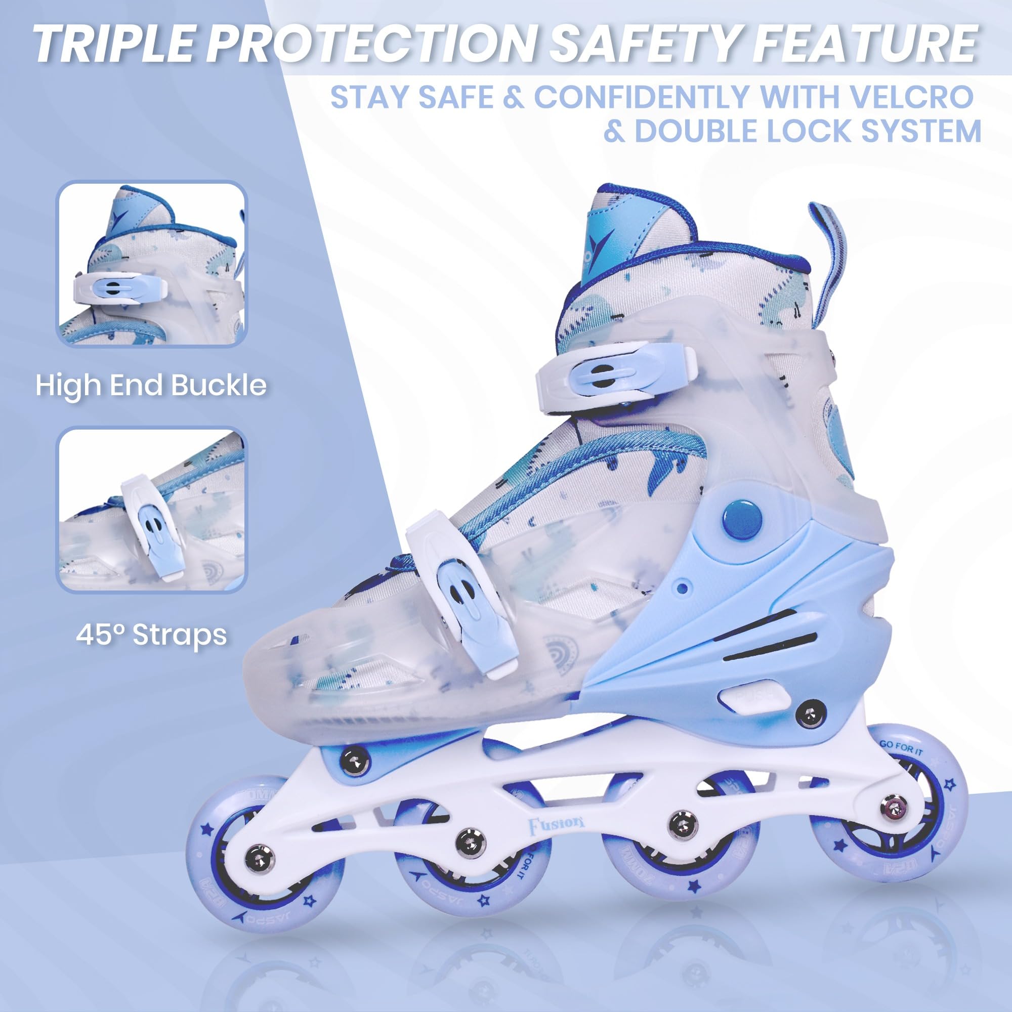 JASPO Fusion Stylish Adjustable Inline Skates for Kids & Youth – Lightweight Fibre-Body with 70mm PU Wheels, ABEC-7 Bearings & Ultra-Comfort Padding for All Age Groups (Blue, Large) (23.5-26 cms) - Image 3