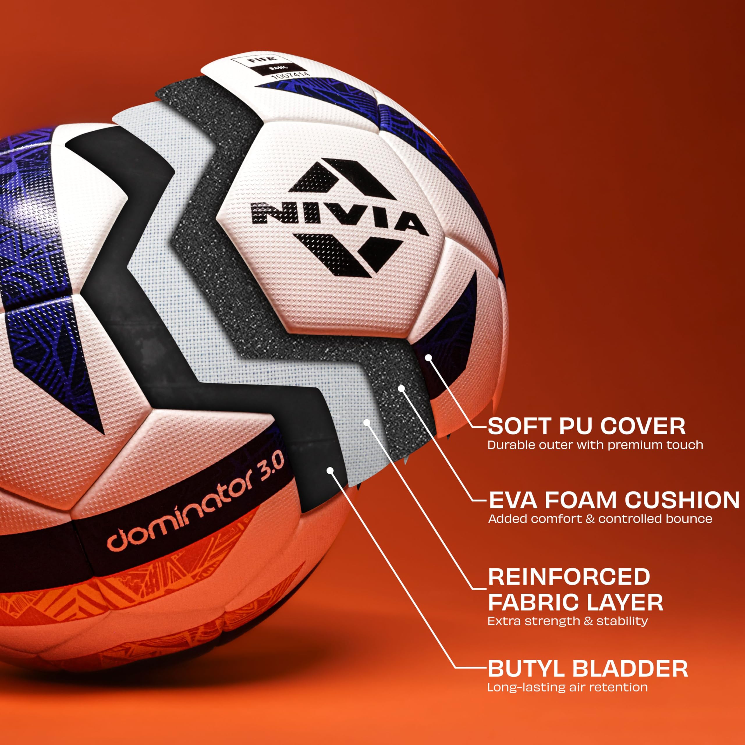 Nivia Dominator 3.0 Football, Match Ball, 32 Panels, Durable & Soft PU Leather, Butyl Fabric Wounded Bladder, FIFA Basic, to Play on Both Natural and Artificial Grass (Size - 5, Multicolor) - Image 6
