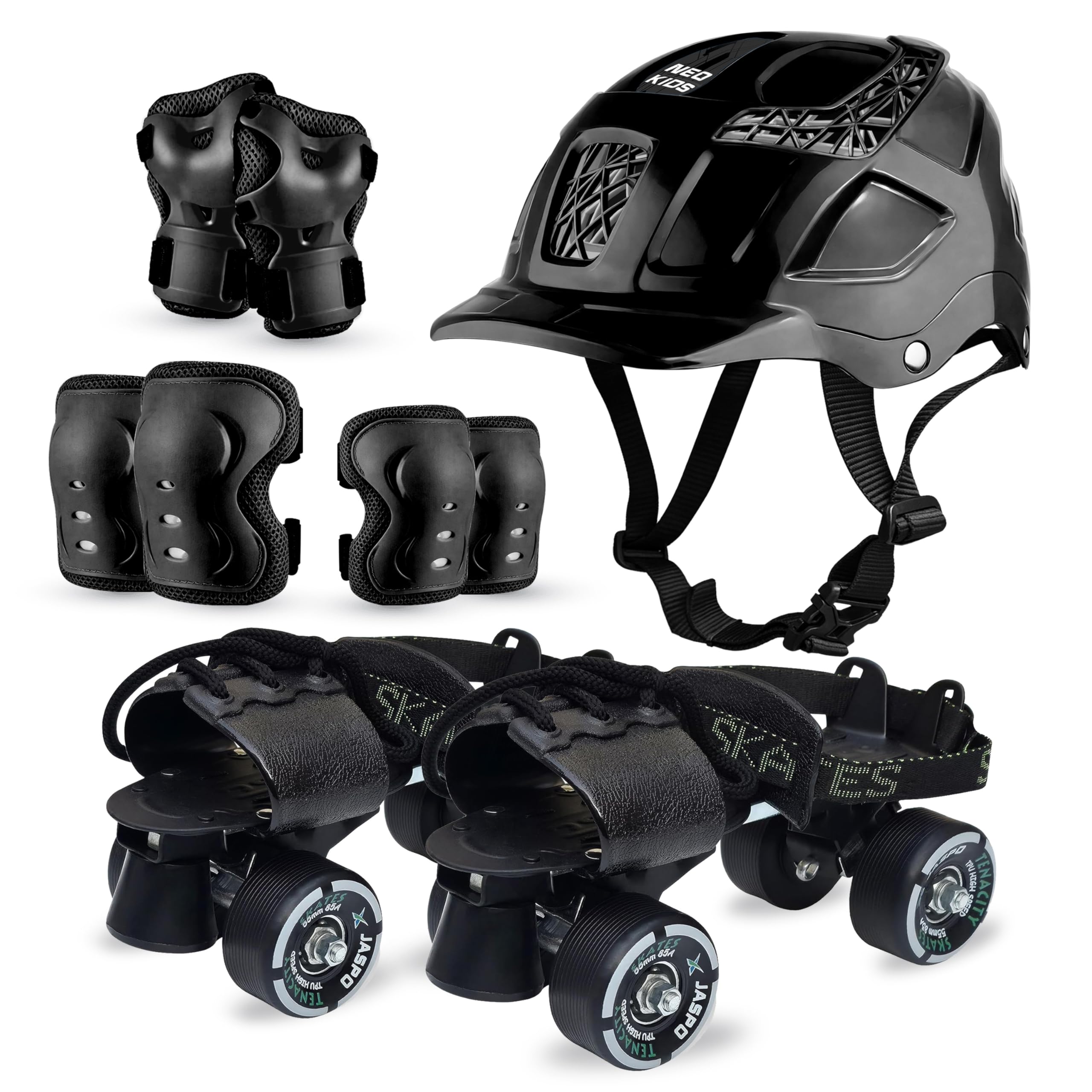 jaspo Unisex Tenacity Pro Adjustable Senior Outdoor Wheel Roller Skates Combo Suitable for Age Group 6 to 14 Years (Skates+ Helmet + Knee Guard+ Elbow Guard +Wrist Guard+Key) (Black) - Image 2