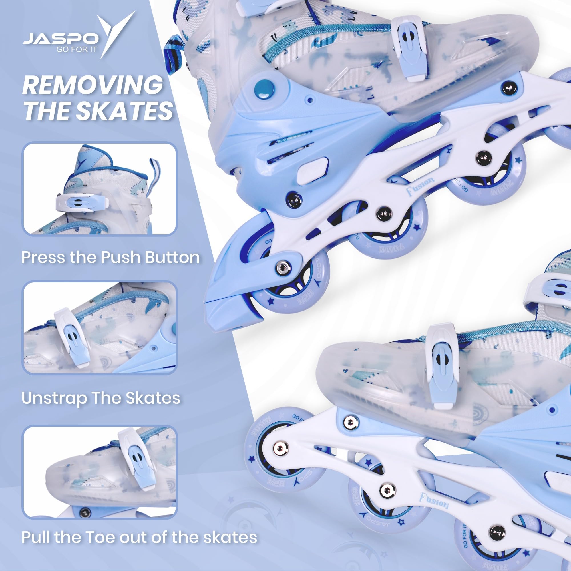 JASPO Fusion Stylish Adjustable Inline Skates for Kids & Youth – Lightweight Fibre-Body with 70mm PU Wheels, ABEC-7 Bearings & Ultra-Comfort Padding for All Age Groups (Blue, Large) (23.5-26 cms) - Image 5