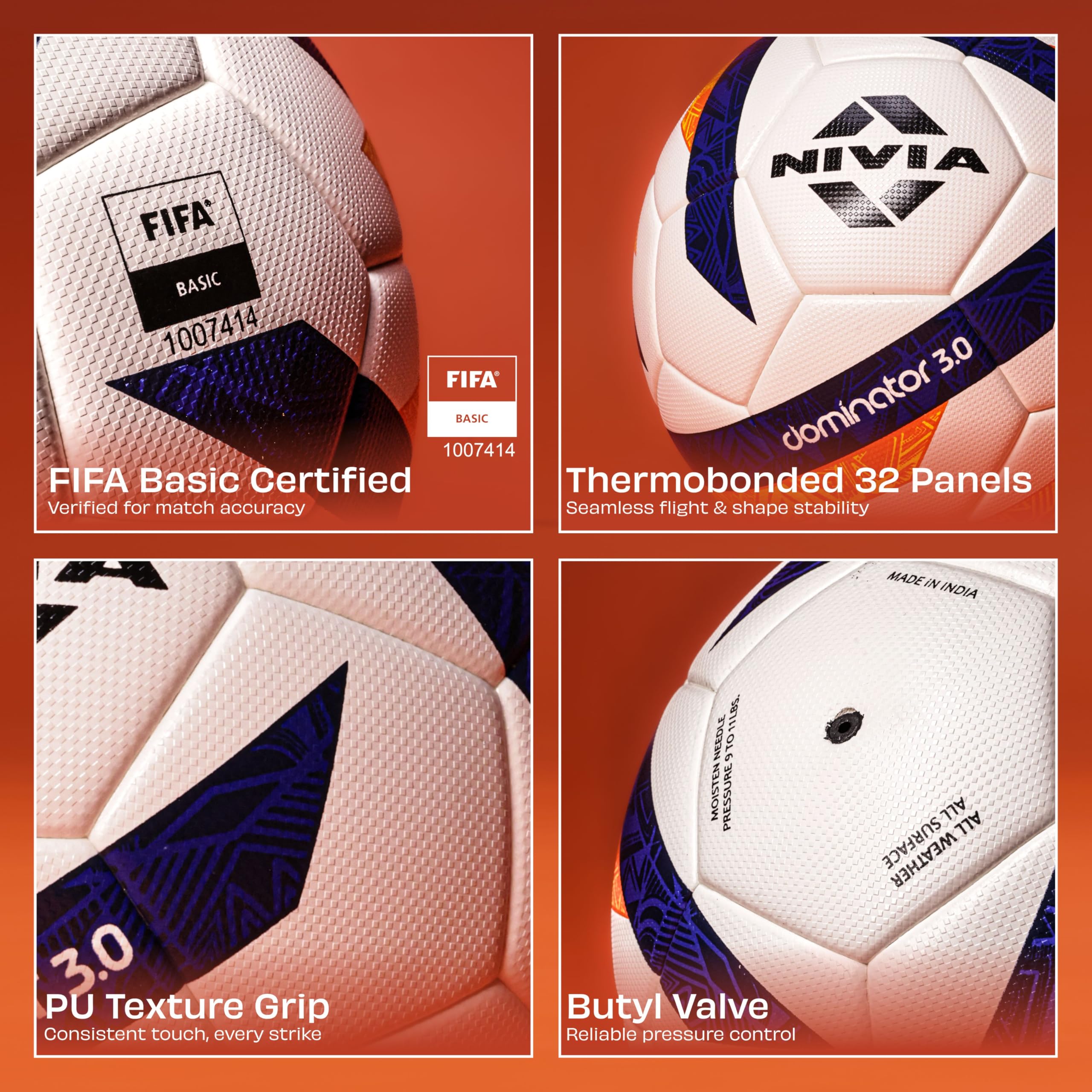 Nivia Dominator 3.0 Football, Match Ball, 32 Panels, Durable & Soft PU Leather, Butyl Fabric Wounded Bladder, FIFA Basic, to Play on Both Natural and Artificial Grass (Size - 5, Multicolor) - Image 7